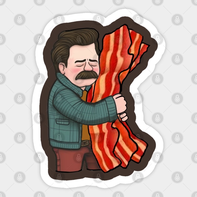 Ron Swanson hugging bacon Sticker by GeekGiftGallery